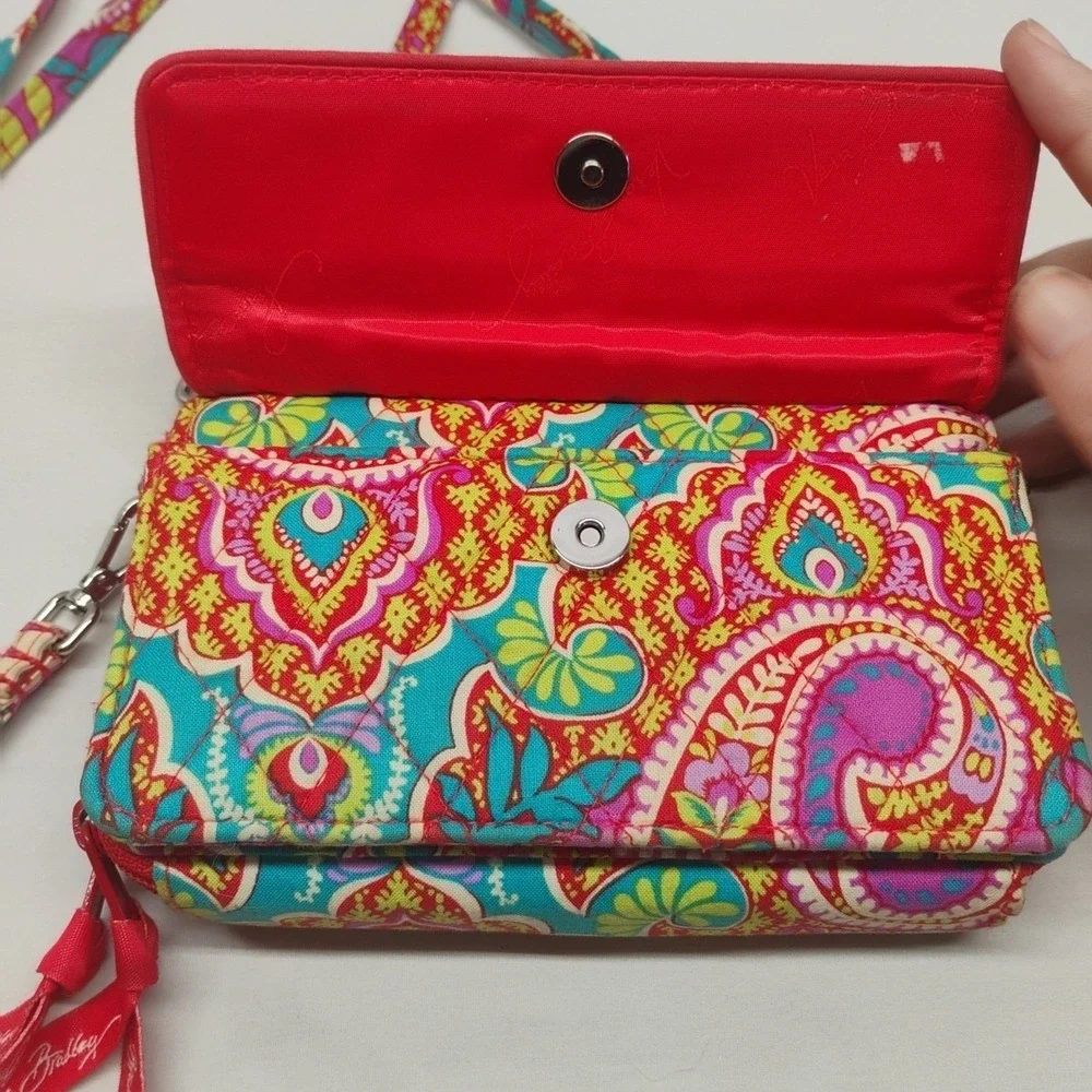 Vera Bradley Crossbody Wallet Small Pink Red Blue Green Womens Paisley - Picture 3 of 9